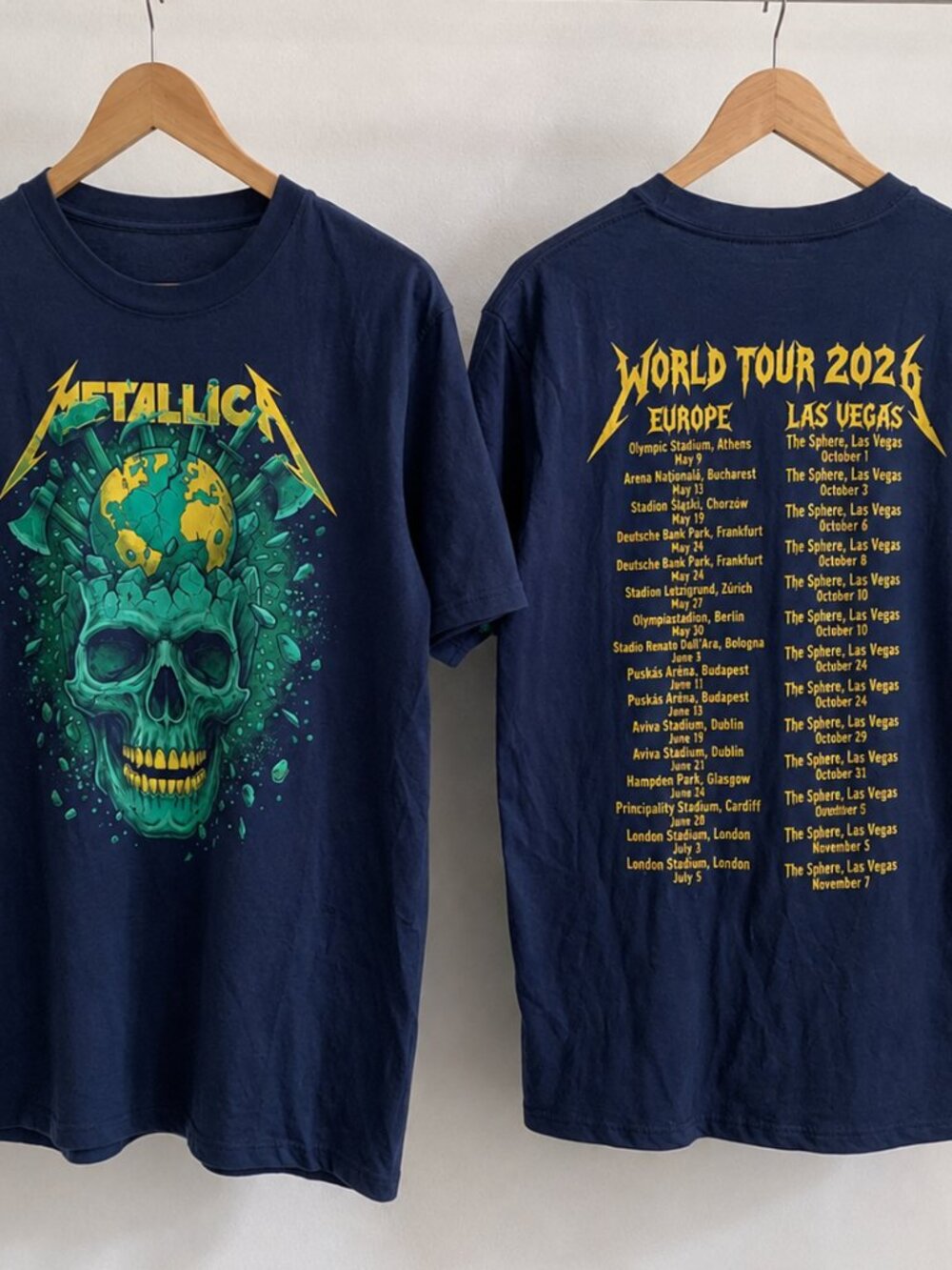 Metallica World Tour 2026 Skull Graphic Tee Navy Double Sided